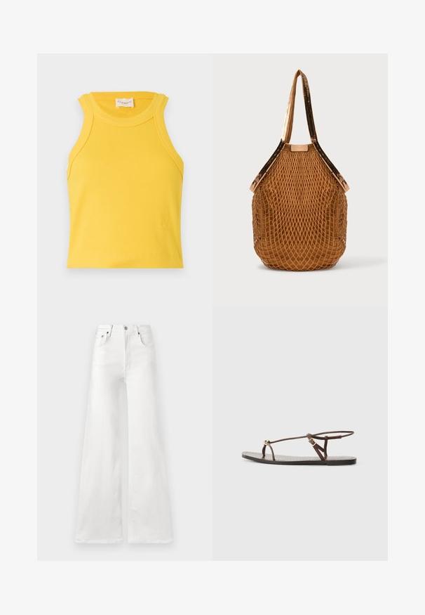 Gul ribbet tanktop med rund halsudskæring og ærmeløs design. Har et lille logo detaljeret nederst. Glat tekstur.; Hvide high-waisted wide-leg jeans lavet af denim, med knappelukning og traditionelle lommer foran og bagpå.; Brun lædersandal med tynde remme, en gylden cirkulær detalje og en flad sål. Minimalistisk design med en justerbar spændedetalje.; Brun net-taske med solidt stofbund og skulderstropper med pailletter, stående oprejst på en ensfarvet baggrund.