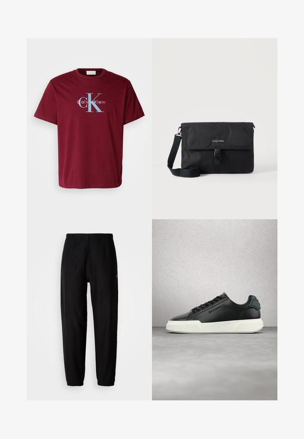 Burgundin värinen puuvillapaita, jossa on suuri valkoinen ja sininen "CK"-logo sekä "Calvin Klein" -teksti. T-paidassa on normaali mitoitus, lyhyet hihat ja pyöreä kaula-aukko.; Mustat verkkarit, joissa on joustava vyötärö, kapeat lahkeet ja resorit. Sileä kankaan rakenne. Logo-yksityiskohta sivussa.; Musta nahkainen tennari, jossa valkoinen pohja, mustat nauhat ja kohokuvioitu brändäys, esitetty kellumassa harmaan lattian yläpuolella lasiblokkiseinätaustan edessä.; Musta Calvin Kleinin olkalaukku säädettävällä olkahihnalla ja etuklappilla, joka on kiinnitetty soljella, esitetty yksiväristä taustaa vasten.