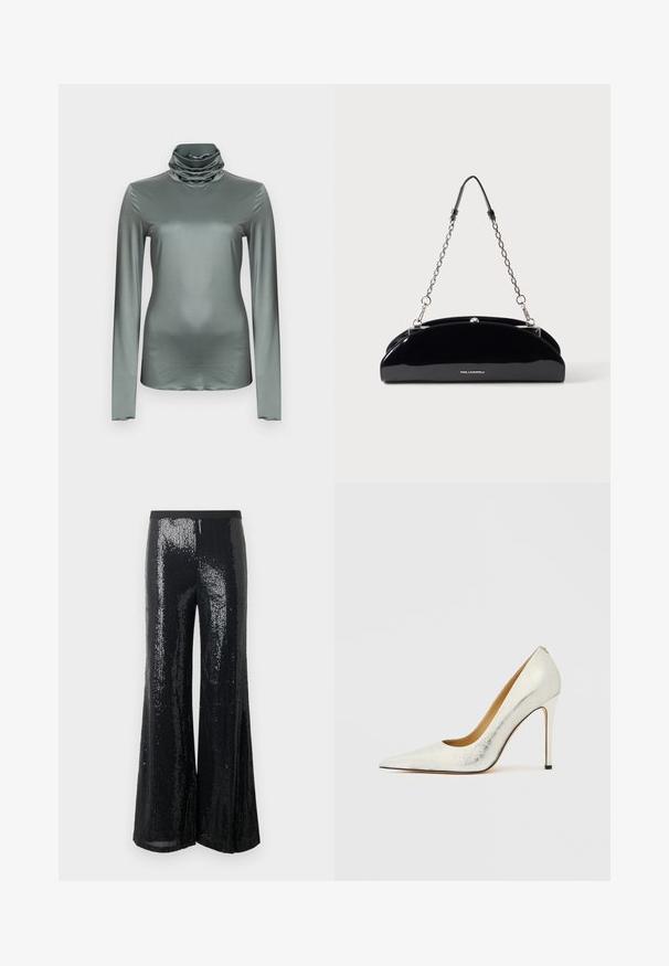 Long-sleeve turtleneck top in a muted green color, featuring a soft, smooth texture and a draped cowl neckline.; Black wide-leg trousers covered in sequins, featuring a stretchy waistband and a smooth texture, suitable for formal or festive occasions.; White leather high-heeled shoe with a pointed toe and textured finish. Features a slender stiletto heel and a smooth interior lining.; Black glossy handbag with a silver chain strap and small KARL LAGERFELD logo on front, against a plain light background.