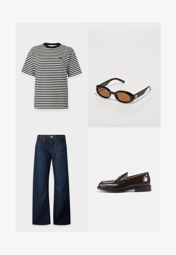 T-shirt à rayures horizontales noires et blanches à manches courtes avec un petit patch logo noir sur la poitrine gauche et un col noir.; Jean bleu foncé à jambes larges avec bouton et fermeture éclair, poches avant et arrière, passants de ceinture et surpiqûres contrastées, disposé à plat sur fond blanc.; Mocassin penny pour homme en cuir brun foncé poli avec talon bas et détails cousus sur fond blanc.; Lunettes de soleil écaille de tortue marron avec des verres ovales, dotées d'une fine monture et d'un petit accent métallique sur le côté. Fini texturé et poli.