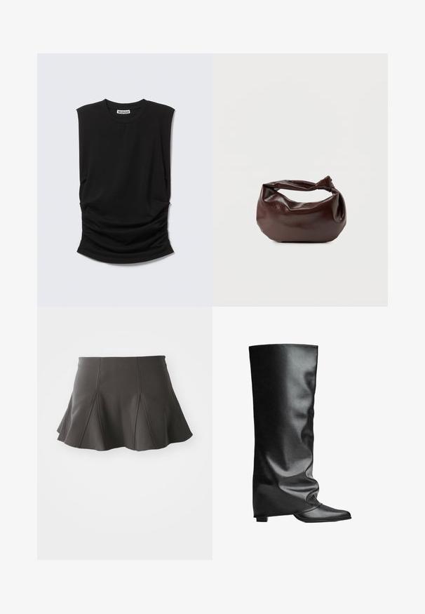 Zwarte mouwloze top met brede schoudervullingen, ronde hals en geplooid stofdetail bij de taille, met het label "Weekday" aan de binnenkant van de kraag.; Zwarte uitlopende rok met een getailleerde taille, voorzien van verticale naden en een gladde textuur. De zoom is licht gebogen en komt net boven de dijen.; Zwarte leren kniehoge laarzen met een gladde textuur en een slouchy ontwerp. Voorzien van een spits toelopende neus en een platte hiel voor stabiliteit.; Donkerbruine leren schoudertas met een zachte, slungelige vorm en een gedraaide knoopvormige handgreep op een effen witte achtergrond.
