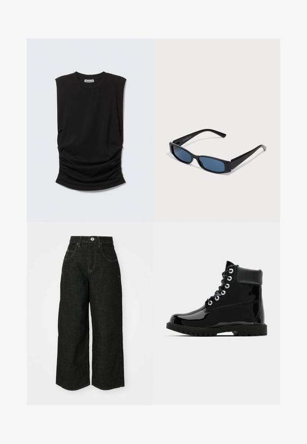 Sort ærmeløs top med brede skulderpuder, rund halsudskæring og rynket stofdetalje ved taljen, mærket "Weekday" inde i kraven.; Bredde ben sorte denim jeans med høj talje, med forlommer, syede sømme og klassisk knaplukning. Blødt, tekstureret stof.; Sorte skinnende ankelstøvler med en glat laklæderfinish, rund tå, seks snøreøjer og en robust gummisål.; Sorte solbriller med en slank rektangulær ramme og blå linser. Har en glat overflade og robuste stænger. Mærkets logo på siden.