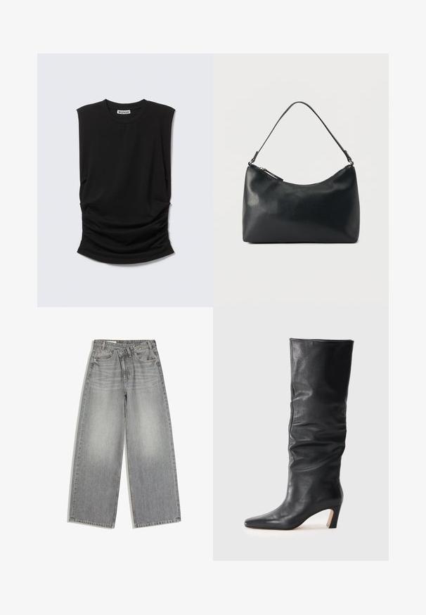 Schwarzes ärmelloses Top mit breiten Schulterpolstern, rundem Ausschnitt und gerafftem Stoffdetail an der Taille, im Kragen mit dem Label "Weekday".; Weit geschnittene graue Denim-Jeans mit Knopf- und Reißverschluss, Vordertaschen und Gürtelschlaufen, flach auf weißem Hintergrund liegend.; Schwarze Lederstiefelette mit Absatz bis zur Mitte der Wade, leicht schlaffem Schaft und spitzem Fuß auf hellem Hintergrund.; Schwarze Schultertasche aus strukturiertem Leder mit gewölbtem Reißverschluss oben und einem verstellbaren Riemen vor einfarbigem Hintergrund.