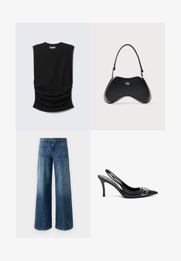 Sort ærmeløs top med brede skulderpuder, rund halsudskæring og rynket stofdetalje ved taljen, mærket "Weekday" inde i kraven.; Videbenet jeans i en falmet blå denim. Har fem lommer, en knap- og lynlås-lukning, synlige syninger og en løs pasform.; Sorte slingback højhælede sko med spids tå, der har en skinnende sølvspænde detalje og en slank hæl. Glat lædertekstur, minimalistisk design.; Sort håndtaske i kunstlæder med en unik buet form, kort håndtag og et sølvfarvet logodetalje foran. Glat tekstur, minimalistisk design.