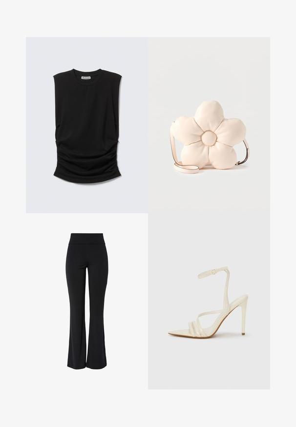 Haut noir sans manches avec larges épaulettes, encolure ronde et détail de tissu froncé à la taille, étiquette "Weekday" à l'intérieur du col.; Pantalon noir taille haute extensible avec jambe légèrement évasée et design lisse sans coutures, sur fond blanc.; Sandales à talons hauts beiges avec un bout pointu, comportant trois brides à l'avant et une fine bride à la cheville avec une boucle. Texture lisse, design minimaliste.; Sac bandoulière en cuir couleur crème en forme de grande fleur à cinq pétales rembourrés, avec une fine sangle réglable.