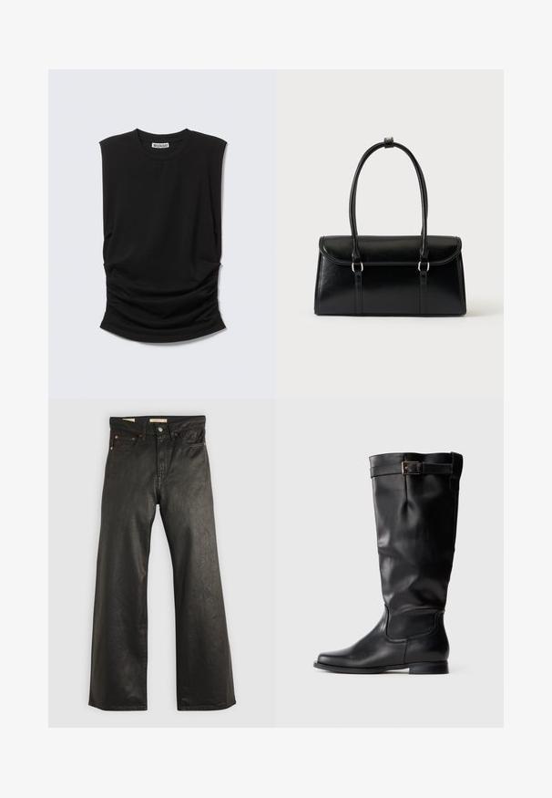 Top negro sin mangas con hombreras anchas, escote redondo y detalle de tela fruncida en la cintura, etiqueta "Weekday" en el interior del cuello.; Pantalones de mezclilla anchos negros con una textura suave, que presentan cinco bolsillos y detalles en metal color cobre. Cierre clásico con botón.; Bota de cuero negra hasta la rodilla con punta redondeada, tacón bajo y una correa decorativa con hebilla dorada cerca de la parte superior.; Bolso rectangular de cuero negro con cierre de solapa y dos asas largas sobre un fondo blanco liso.