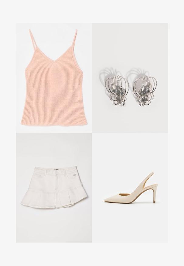 Camisole en tricot de couleur pêche, avec des bretelles réglables fines, un décolleté en V, une texture côtelée et un ourlet droit.; Jupe en jean blanche à taille ajustée et ourlet évasé plissé. Comprend des poches avant et un petit logo sur la ceinture.; Escarpin slingback en cuir beige avec un bout pointu et un talon haut fin. Présente une découpe au talon et une finition lisse.; Paire de boucles d'oreilles en métal argenté avec un design en cage à fil ouvert et des formes ovales centrales lisses projetant des ombres courbes sur un fond blanc.