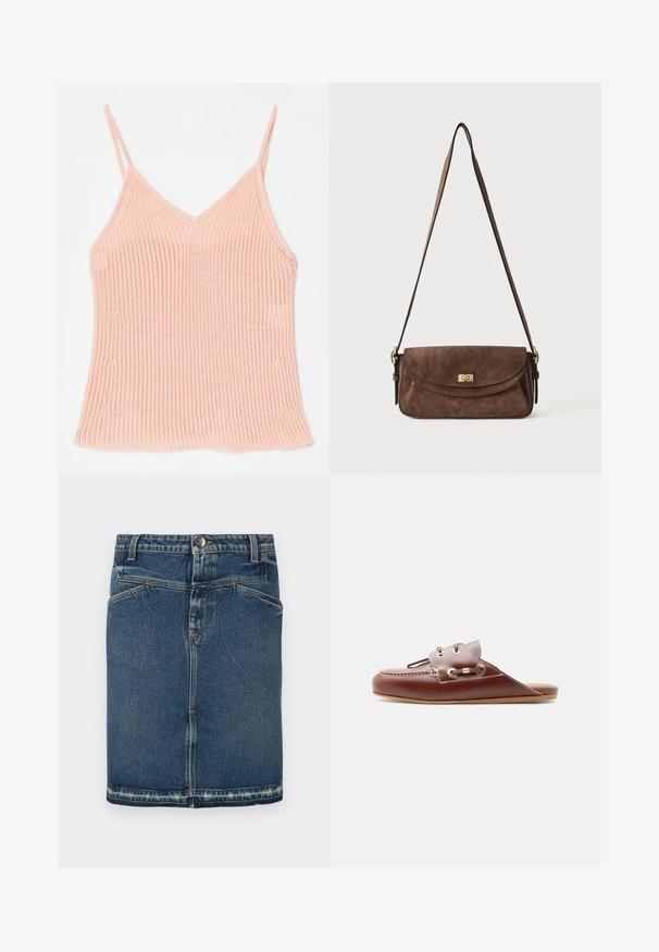 Perzikkleurige gebreide camisole, met dunne verstelbare bandjes, een V-hals ontwerp, geribbelde textuur en een rechte zoom.; Denimrok met een klassieke blauwe wassing, vijfzakkenontwerp en rafelige zoom. Sluit met een knoop en ritssluiting aan de voorkant.; Bruine leren instap loafer met moc-toenaad, gouden oogjes en decoratieve veterdetail aan de zijkant, platte zool, zijaanzicht.; Bruine suède schoudertas met een lange verstelbare band en een gouden draaisluiting op de voorflap.