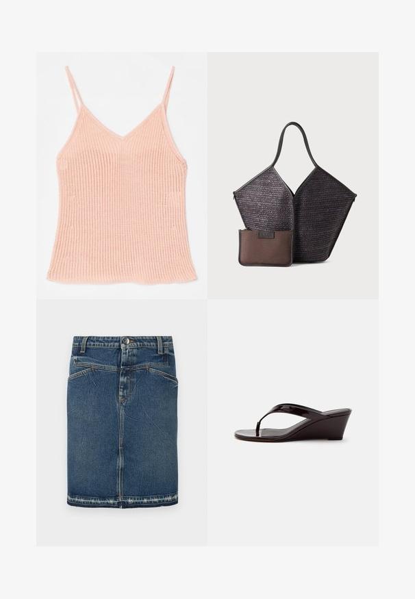 Perzikkleurige gebreide camisole, met dunne verstelbare bandjes, een V-hals ontwerp, geribbelde textuur en een rechte zoom.; Denimrok met een klassieke blauwe wassing, vijfzakkenontwerp en rafelige zoom. Sluit met een knoop en ritssluiting aan de voorkant.; Bruine lakleren sleehaksandaal met teenslipperbandje en open teen, zijaanzicht tegen een effen achtergrond.; Hereu CALELLA - Shopper - dark brown