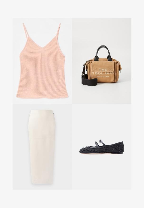 Perzikkleurige gebreide camisole, met dunne verstelbare bandjes, een V-hals ontwerp, geribbelde textuur en een rechte zoom.; Crème midi-jurk met een aangesloten silhouet, gemaakt van soepel materiaal, met een verborgen rits aan de zijkant en minimalistische naaddetails.; Zwart platte schoen met drie bandjes en meerdere kleine decoratieve strikjes langs de zijkanten, teen en hiel, weergegeven in zijaanzicht.; Beige canvas gereedschapszak met zwarte leren accenten, voorzien van handvatten aan de bovenkant, een verstelbare schouderband en voorop de tekst: "THE TOOL BOX MARC JACOBS."