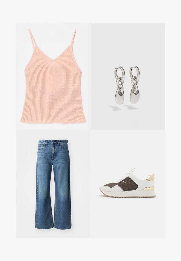 Peachfarvet strikket tanktop med tynde justerbare stropper, V-halsdesign, ribbet tekstur og lige kant.; Bredde ben blå denimjeans med mid-rise talje, fem lommer og subtile falmninger. Funktionen inkluderer bæltestropper og syede detaljer.; Hvide sneakers med brunt mønstret stofpanel, guld hardwaredetaljer, rund tå, snørebåndsdesign og tekstureret gummisål.; Sølvøreringe med forlængede ovale led, der har en poleret overflade og en struktureret dråpevedhæng. Enkel design med glatte kanter.