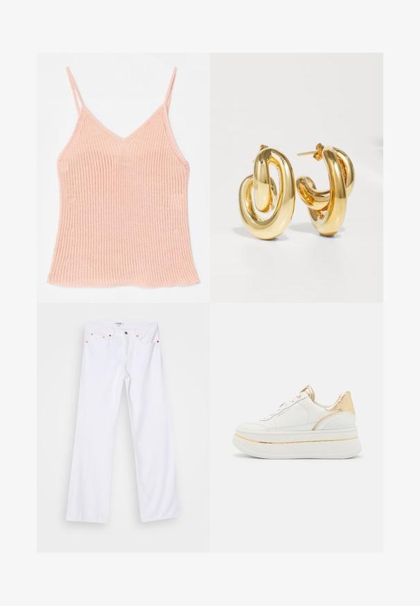 Peachfarvet strikket tanktop med tynde justerbare stropper, V-halsdesign, ribbet tekstur og lige kant.; Hvide denim flared jeans med orange syninger, fem lommer og metallukning. Overfladen har en glat, let struktureret finish.; Læderplatformsneaker i hvid med guldaccenter, der har en struktureret guldhælhæl, runde snørebånd og en glat sål med en tynd guldstribe.; Charlotte Chesnais BO INITIAL BLOW - Øreringe - gold-coloured