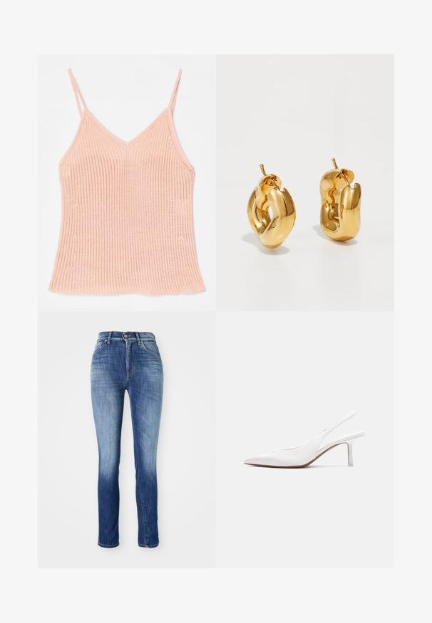 Peachfarvet strikket tanktop med tynde justerbare stropper, V-halsdesign, ribbet tekstur og lige kant.; Skræddersyede jeans i mellemblå denim, med en falmet effekt, fem lomme-design, bæltesløjfer og en metalknaplukning.; Hvid læder slingback damesko med spids tå, lav kittenhæl og lille dekorativ sløjfe på toppen, vist i sideprofil.; Chunky guld hoop øreringe med et let snoet, rørformet design og postsystem bagpå, på en hvid baggrund.