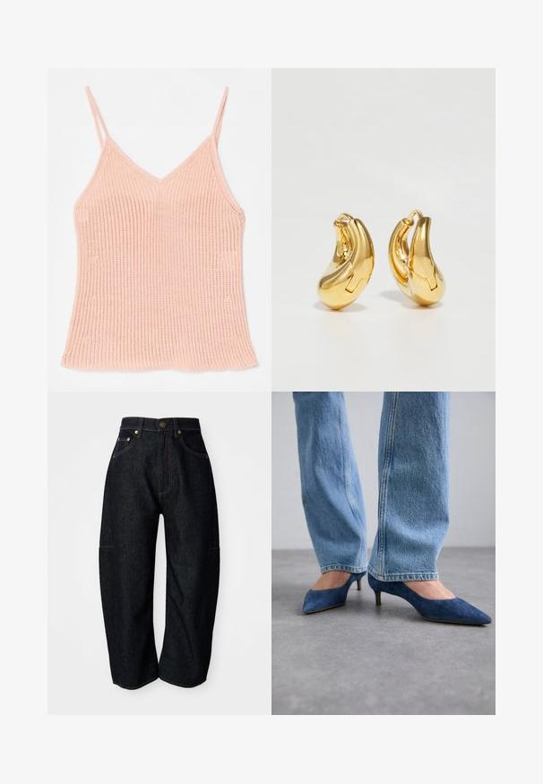 Peachfarvet strikket tanktop med tynde justerbare stropper, V-halsdesign, ribbet tekstur og lige kant.; Mørke denim jeans med en afslappet pasform, der har diskret orange syninger, forlommer og en flad talje med en knaplukning.; Blå ruskinds kitten heels med spidse tæer og en lav hæl, parret med lyseblå denim jeans med lige ben.; Guldringeøreringe med en glat, buet form og poleret overflade. Udstyret med en lukkeanordning og lette fordybninger for detaljer.