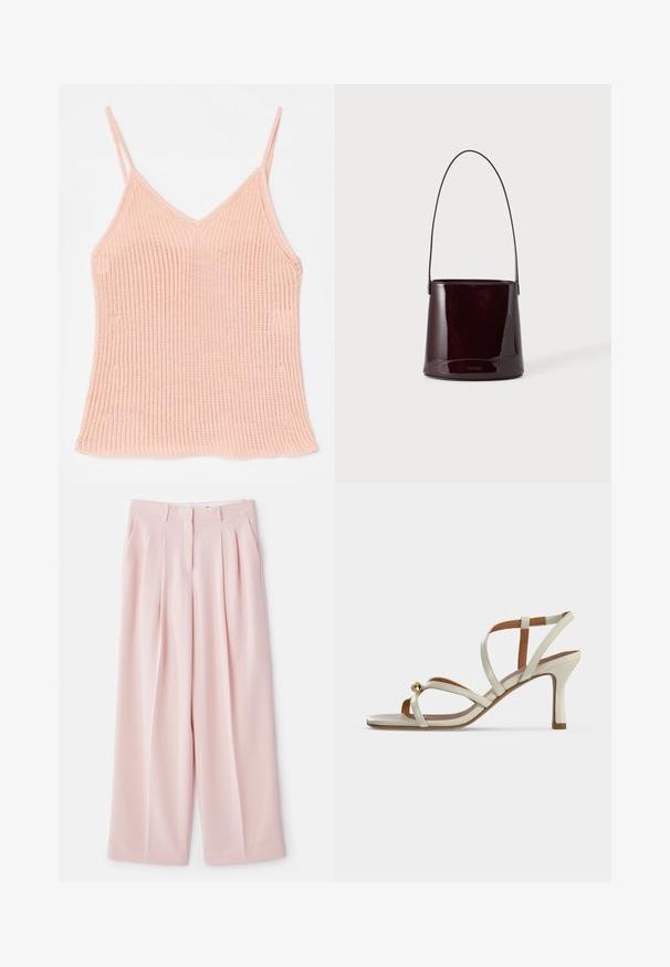 Camisole en tricot de couleur pêche, avec des bretelles réglables fines, un décolleté en V, une texture côtelée et un ourlet droit.; Pantalons larges rose pâle avec des plis avant, une taille structurée et une finition en tissu lisse. Comprend deux poches latérales.; Sandale à talon haut beige avec des fines lanières croisées sur le pied et une petite boule décorative dorée près des orteils.; Sac seau brun foncé brillant avec une longue sangle fine et des coutures visibles minimales sur un fond clair.