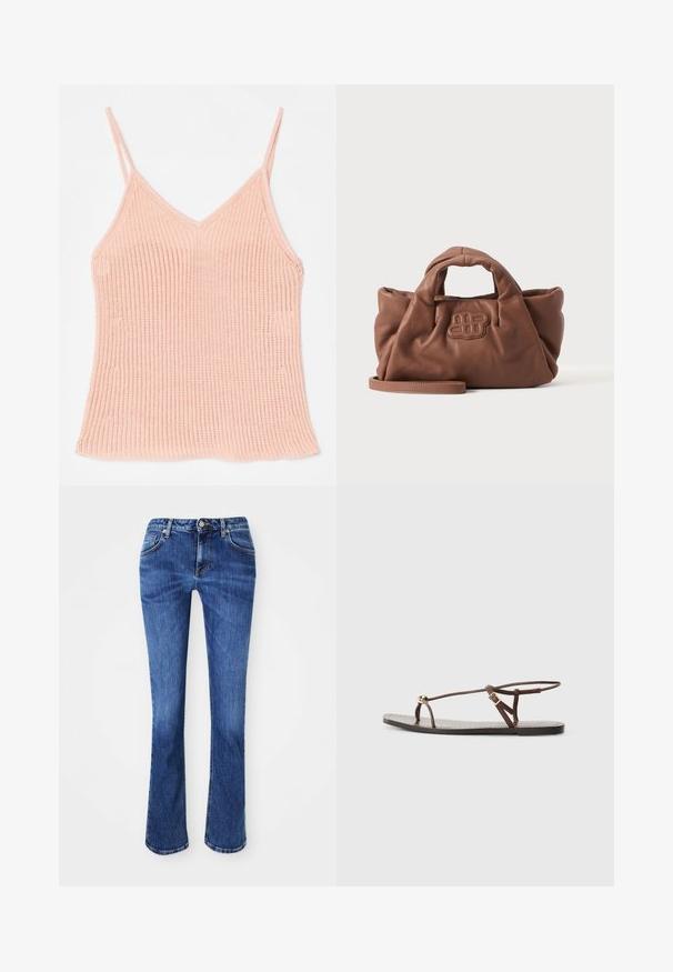 Camisole en tricot de couleur pêche, avec des bretelles réglables fines, un décolleté en V, une texture côtelée et un ourlet droit.; Jean en denim bleu, avec une coupe droite, design à cinq poches, fermeture à bouton en laiton, et un léger délavage pour la texture.; Sandale en cuir marron avec des fines lanières, un accent circulaire doré et une semelle plate. Design minimaliste avec un détail de boucle réglable.; Sac à main en cuir marron doux avec des poignées courtes, un logo brodé à l'avant et une longue bandoulière amovible sur un fond clair uni.