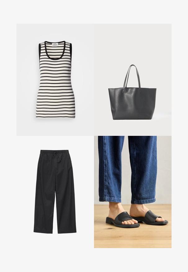 Ærmeløs tanktop med sorte og hvide vandrette striber, ribbet tekstur og en rund halsudskæring. Sort kant ved skuldrene og halsudskæringen.; Sorte bukser med vide ben, elastisk talje og justerbar snor, lavet af let stof.; Sorte slip-on sandaler lavet af glat materiale, med åben tå og en bred toprem, sat mod mørk denim bukser med lige pasform.; Sort tote taske lavet af tekstureret læder med to robuste håndtag, rektangulær form og præget logo på fronten. Stor kapacitet.