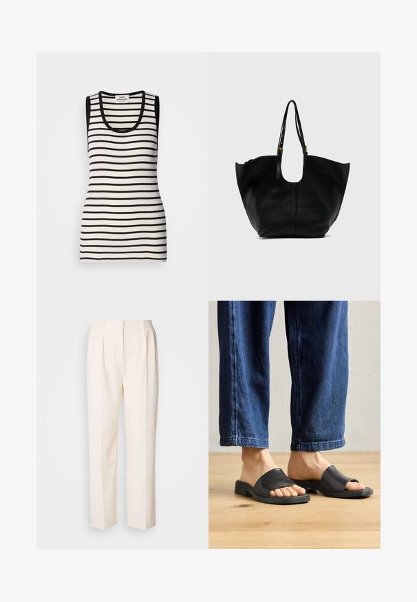 Ærmeløs tanktop med sorte og hvide vandrette striber, ribbet tekstur og en rund halsudskæring. Sort kant ved skuldrene og halsudskæringen.; Lacoste Bukser - lapland; Sorte slip-on sandaler lavet af glat materiale, med åben tå og en bred toprem, sat mod mørk denim bukser med lige pasform.; Sort lædertaske med bred, åben top og justerbare skulderremme med gyldne spænder, vist mod en ensfarvet lys baggrund.