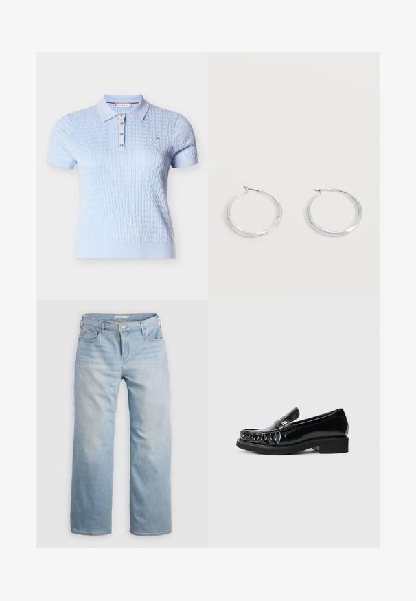 Lyseblå strikket poloshirt med korte ærmer, ribbet krave og tre gyldne knapper. Har en tekstureret overflade og detaljer med brandlogo.; Lyseblå vide jeans lavet af denim. Har høj talje, fem lommer og kontrastsyede detaljer. Glat tekstur med en slidseffekt.; Sorte patentlæderloafer med en dekorativ rynket kant, flad gummisål og en lille metallogoaccent på remmen.; Sølvfarvede metaloorringe med glat, let buet overflade og låsemekanisme på en ensfarvet hvid baggrund.
