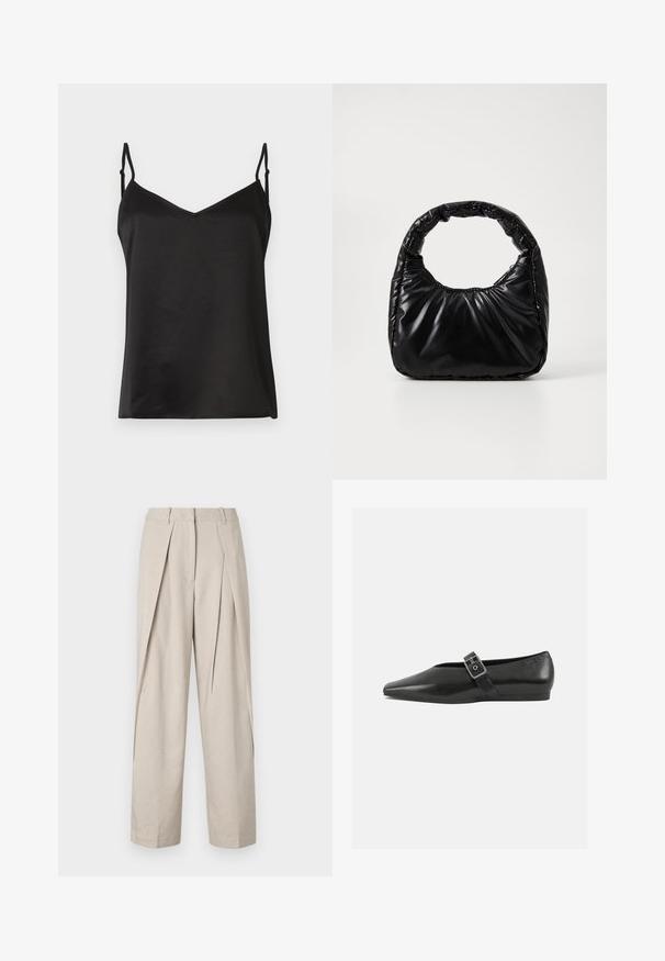 Vero Moda VMMERLE SINGLET - Débardeur - black; Pantalons beige sur mesure avec devant plissé, jambes larges et texture lisse. Comprend une taille classique et des poches latérales.; Chaussure plate en cuir noir avec un orteil pointu, présentant une sangle à boucle métallique sur le cou-de-pied et une semelle basse et flexible.; Sac à main noir rembourré avec une poignée arrondie, présentant une surface lisse et brillante ainsi qu'une texture douce et matelassée. Pas de quincaillerie ou d'accents visibles.
