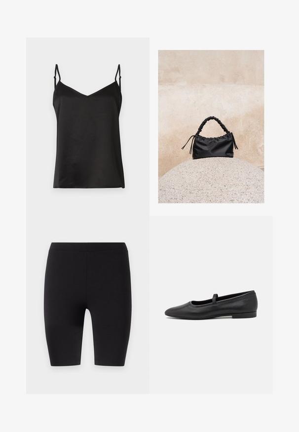 Vero Moda VMMERLE SINGLET - Topp - black; Mustad, põlvi katvad leggings, mis on valmistatud elastsemast kangast. Omavad sujuvat tekstuuri ning laia elastset vöökohta mugavuseks ja sobivuseks.; Mustad mustad balletijalatsid, mis on valmistatud siledast nahast, ümmarguse varbaga, väikese rihmaga ülevalt ja minimaalistlikus disainis.; Must kurruline käekott korjatud sangaga, mis toetub tekstuurse kivikuuli peale beeži betoonseina taustal.