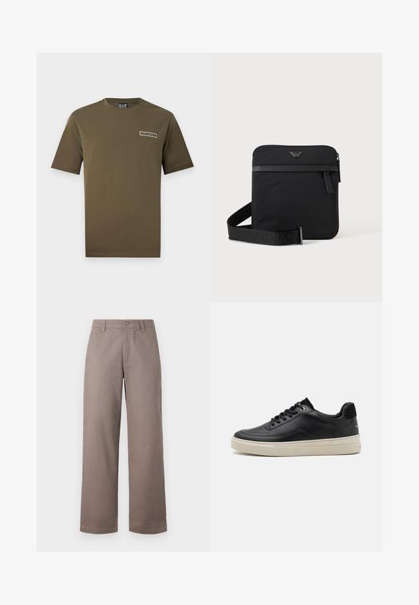 Oliivroheline lühikeste varrukatega T-särk ümmarguse kaelusega ja väikese EA7 Emporio Armani logoga vasakul rinnal.; Heled pruunid, laiad püksid sileda viimistlusega; esiküljel nupuga sulgemine ja küljetaskud. Valmistatud kergetest kangast.; Must musta sisenemine mustast nahast, millel on kreemjas värvi kummitald, ümmargune nina ja paeltega disain, mida kaunistab must nubukist konts.; Must ruudukujuline õlakott tõmblukuga, esitasku ja reguleeritava rihmaga, millel on reljeefne kaubamärgi nimi.