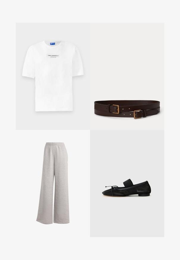 Valkoinen puuvillapaita lyhyillä hihoilla, jossa on suorakulmainen musta logo, jossa on teksti "KARL LAGERFELD JEANS" keskitettynä rinnassa.; Vaaleanharmaat collegehousut, joissa on väljä istuvuus, joustava vyötärö ja pehmeä pinta. Yhdellä puolella on hillitty brändäys. Rentoa muotoilua.; Musta litteä kenkä, jossa on terävä kärki, valmistettu teksturoidusta kankaasta, ja siinä on nauhaaksentti sekä pieni, pyöreä korko. nilkkaremmillä.; Kaksi tummanruskeaa nahkavyötä, joissa kultaisen sävyiset suorakaiteen muotoiset soljet, asetettu vierekkäin yksinkertaiselle vaalealle taustalle.