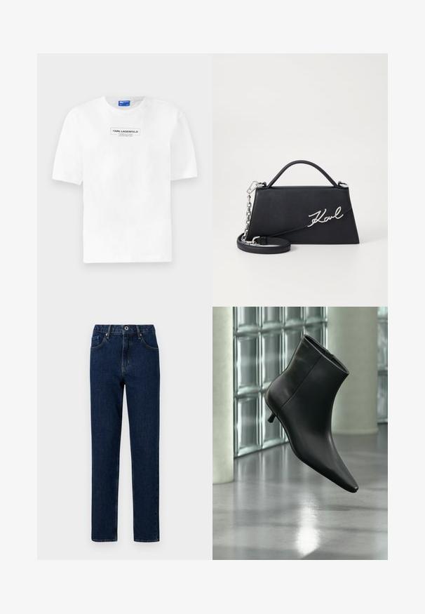 Valge puuvillane T-särk lühikeste varrukatega, millel on ristkülikukujuline must logo, kus rindkeres on keskel tekst "KARL LAGERFELD JEANS".; Tumed denimist valmistatud sirge säärega teksapüksid, millel on elastne vöökoharihm, ees olevad taskud ja minimaalsed õmbluse detailid.; Mustast nahast pahkluu saabas terava varbaotsaga ja madala Kitsuki kontsaga, kuvatud nurga alt läikiva põranda ja klaasplokkseinaga taustal.; Must must beebi must tuha must särk silt omaga. Veetihedad tooteid, et see silma riided. Must nahk punkt, et popleda värvi, ja selge kontseptsioon ruumiliseks struktureerimiseks ja dekoratiivsuseks.