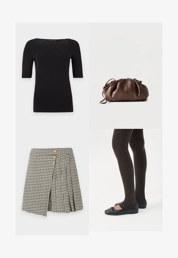 Haut noir à manches courtes avec un décolleté carré, en tissu lisse, doté d'une coupe ajustée et de détails de couture minimalistes.; Jupe à carreaux noire et blanche avec trois boutons dorés, présentant un design plissé et une fente à l'avant. Texture de tissu doux.; Jambes portant des leggings côtelés foncés associés à des ballerines noires avec de petits détails en nœud sur fond blanc.; Sacoche en cuir marron doux avec un haut froncé et une fine bandoulière, posée sur un fond blanc.