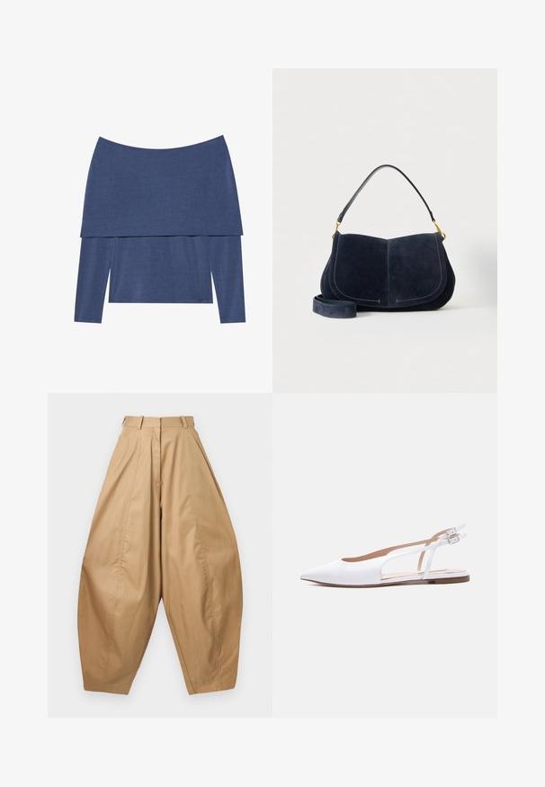 Haut à manches longues de couleur bleu foncé, présentant un design décolleté avec un effet superposé, fabriqué à partir d'un tissu doux et texturé.; Pantalons beiges taille haute, jambes larges avec des plis, passants de ceinture et ourlets fuselés, présentés sur un fond blanc.; Chaussure plate à bout pointu blanche avec bride arrière à boucle double et semelle intérieure beige sur fond uni.; Sac à épaule en daim bleu marine avec rabat incurvé et ferrures dorées, présenté avec une bandoulière assortie réglable sur fond blanc.