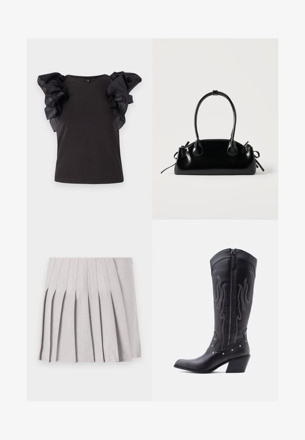 Top negro con mangas cortas de gasa con volantes. El cuerpo es ajustado con un escote redondeado y una textura suave. Brillo sutil en las mangas.; Falda gris con pliegues y una textura suave, que presenta múltiples pliegues verticales y una cintura ajustada. Fabricada con un tejido ligero.; Botas vaqueras de cuero negro con puntera puntiaguda, costuras visibles, detalles de tachuelas plateadas y cierre de cremallera en el lado interior.; Pequeño bolso negro brillante con dos asas largas y detalles de cordón lateral sobre un fondo claro liso.
