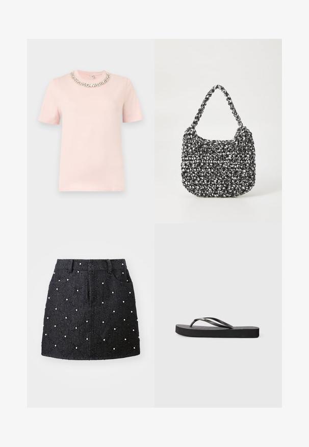 T-shirt rose clair à manches courtes avec encolure ronde, orné d'une rangée de pierres décoratives argentées et transparentes.; Jupe en denim noir avec un motif en losanges matelassé, ornée de perles blanches. Dispose d'une taille et de deux poches avant.; Tongs en caoutchouc noir avec une semelle plate, un lit de pied texturé et deux brides arrondies. Design minimaliste avec un profil élégant.; Sac en osier noir et blanc de forme arrondie, avec une surface texturée et une poignée tressée. Convient à un usage décontracté.