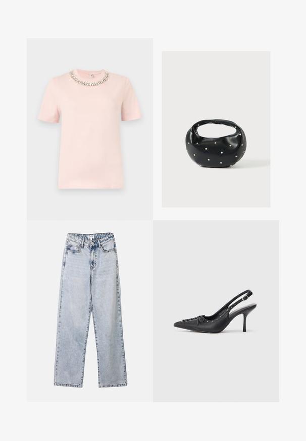 Lyserød kortærmet t-shirt med rund halsudskæring med en række af sølv- og klare dekorative sten.; Lysblå lige ben jeans lavet af denim, med to frontlommer, en knaplukning og kontraststing langs sømmene.; Sorte læder slingback stiletto med spids tå, side spændebånd, nitter langs kanten og dekorativ snøring foran.; Sort læderhåndtaske med en rundet form, dekoreret med sølvnitter, og et kort håndtag. Glat tekstur og lynlåslukning.