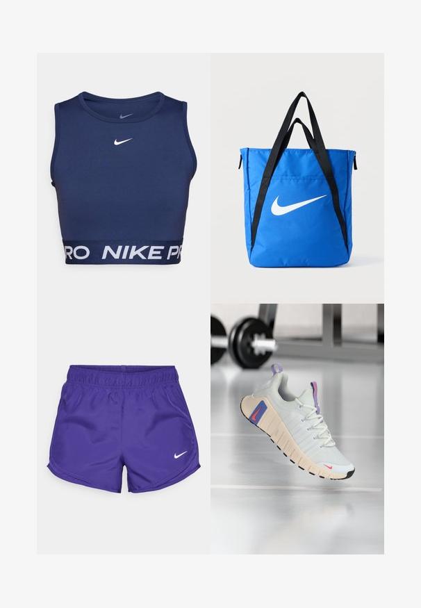Námornícky modrý športový crop top z elastického materiálu s okrúhlym výstrihom a bielym logom "NIKE PRO" na elastickom páse.; Fialové športové šortky vyrobené z hladkej látky, s elastickým pásom a bielym logom Nike na spodnej pravej strane.; Tenisky s Ľahko šedým sieťovaným zvrškom, polstrovaným golierom a textúrovanou krémovou podrážkou. Obsahujú ružové a modré akcenty a čierny gumový dezén.; Modrá taška z nylónu s čiernymi remienkami, na ktorej je veľké biele logo Nike v tvare písmena swoosh. Vrchné zapínanie na zips a ďalšia vrecko na boku.