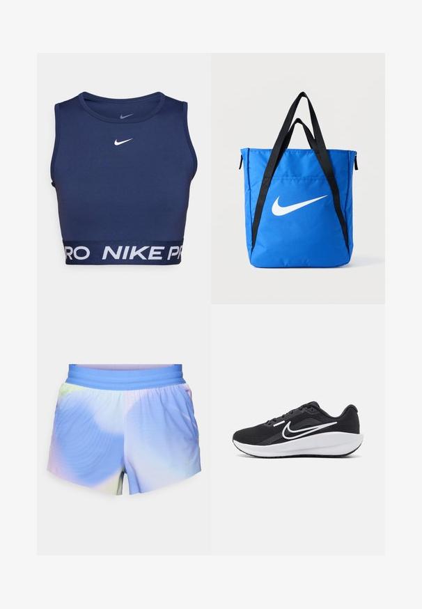 Mørkeblå sports crop top lavet af strækbart materiale, med en rund halsudskæring og hvid "NIKE PRO" logo på et elastisk bånd.; Letvægts atletiske shorts i en gradient af blå og pastelfarver. Har en elastisk talje og teksturerede mønsterdetaljer.; Sort sportssko med mesh-overdel, hvide detaljer, polstret sål og et strømlinet design. Har en rund tå og flad ydersål.; Blå nylon shopper med sorte stropper, med en stor hvid Nike swoosh-logo. Lynlås i toppen og ekstra lomme på siden.