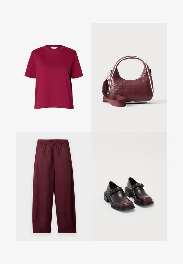 Schlichtes bordeauxrotes T-Shirt mit kurzen Ärmeln und Rundhalsausschnitt, weiter Schnitt, auf weißem Hintergrund dargestellt.; Locker sitzende, kastanienbraune Hose mit elastischem Bund und Kordelzug, geraden Beinen, ohne sichtbare Taschen oder Muster.; Leder-Blockabsatzschuhe mit glänzender dunkelburgunderfarbener Oberfläche, ausgestattet mit einem Schnallenriemen und einem runden Zehendesign. Texturierte Außensohle für besseren Grip.; Dunkelrote gewebte Ledertasche mit gebogenem Griff, weißem Besatz, silbernem Reißverschluss und abnehmbarem breitem Stoff-Schulterriemen vor einfarbigem Hintergrund.