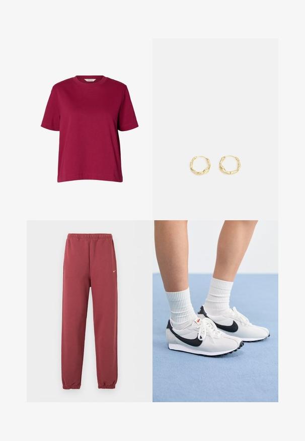 Lihtne lühikeste varrukatega tumepunane ümara kaelusega T-särk, lahtise lõikega, esitatud valgel taustal.; Väikesel valgel Nike'i logoga burgundia elastse vöökoha ja pahkluuga dressipüksid paremal reiel.; Valged võrgusilma tossud mustade aktsentidega, ümmargune varvas ja lame kummist talla. Kombineeritud ribakujuliste valgete sokkidega.; Kuldsed rõngakujulised kõrvarõngad, millel on tekstuuriga ebaühtlane pind. Omavad kergesti kantavat disaini ja ringikujulist vormi, sobivad igapäevaseks kandmiseks.
