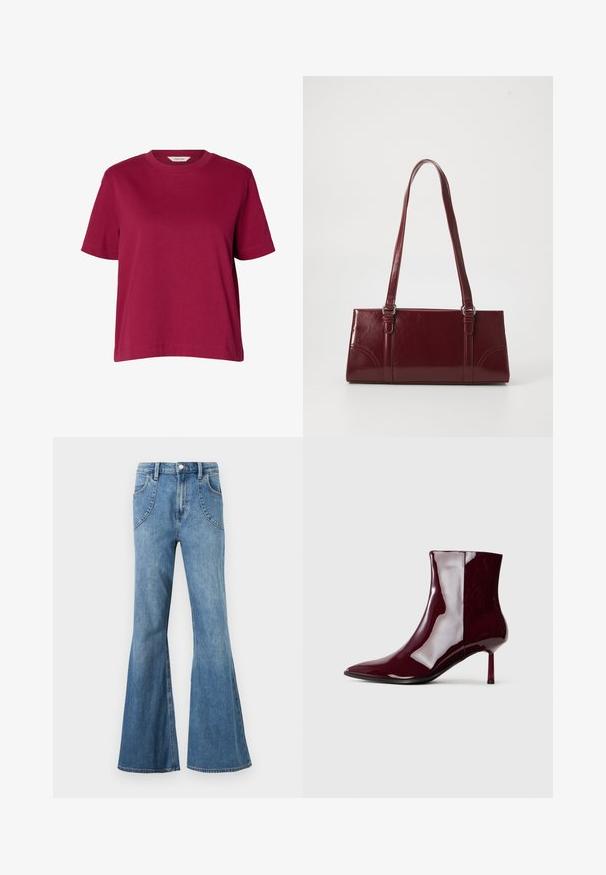 T-shirt uni bordeaux à manches courtes et col rond, coupe ample, présenté sur fond blanc uni.; Jean en denim bleu clair taille haute avec jambes larges évasées et poches avant incurvées, présenté sur un fond blanc.; Bottine brillante rouge foncé à bout pointu et talon fin mi-haut sur un fond clair.; Sac à main bordeaux en matériau brillant, de forme rectangulaire, avec deux anses et des accents légèrement courbés à l'avant.