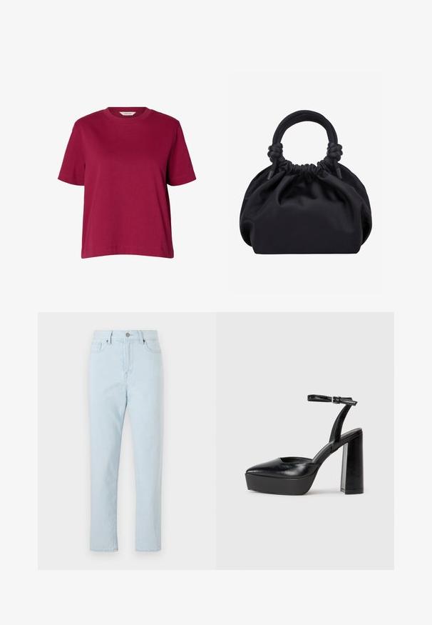 Schlichtes bordeauxrotes T-Shirt mit kurzen Ärmeln und Rundhalsausschnitt, weiter Schnitt, auf weißem Hintergrund dargestellt.; Hoch taillierte hellblau gerade geschnittene Jeans mit vorderen Taschen, Gürtelschlaufen, Knopfverschluss und sichtbaren Nähten entlang der Beine.; Schwarze Plateau-High Heels mit spitzem Zeh und verstellbarem Knöchelriemen. Gefertigt aus glattem Leder und mit einem klobigen Blockabsatz.; Schwarze weiche Stoffhandtasche mit gerafftem oberen Teil und abgerundeten, am Ansatz verknoteten Griffen, vor einem schlichten hellen Hintergrund.
