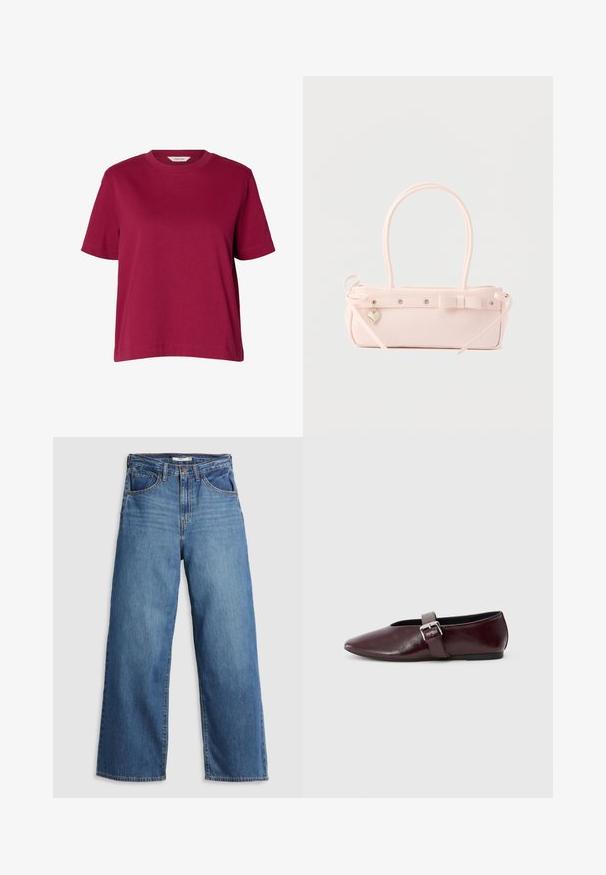Effen bordeaux rood T-shirt met korte mouwen en ronde hals, losse pasvorm, weergegeven op een effen witte achtergrond.; Blauwe denim wijdvallende jeans met hoge taille, voorzien van vijf zakken, contrasterende stiksels en een ritssluiting.; Bordeaux leren balletschoenen met een puntige neus, een platte zool en een decoratieve gesp over de wreef. Glad, glanzend oppervlak.; Bleekroze rechthoekige handtas met dubbele handvatten, decoratieve strik, metalen oogjes en een klein hartvormig hangertje tegen een effen achtergrond.