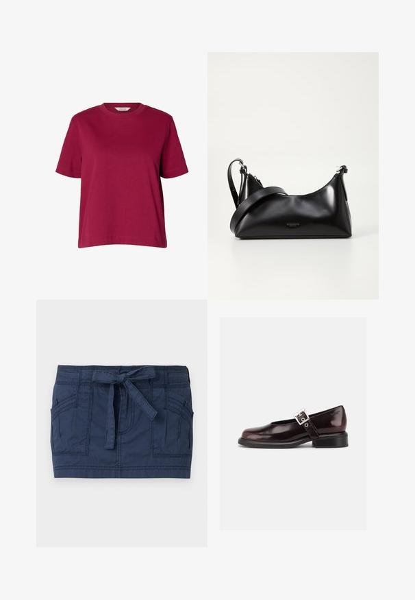 T-shirt uni bordeaux à manches courtes et col rond, coupe ample, présenté sur fond blanc uni.; Mini-jupe bleu marine avec grandes poches avant et ceinture en tissu nouée à la taille, en coton texturé.; Chaussure Mary Jane unique brillante couleur bordeaux foncé avec une large bride et une boucle argentée, talon bloc bas et bout arrondi sur fond blanc.; Sac à main en cuir noir avec une texture lisse. Dispose d'une bandoulière adjustable et d'un design élégant et minimaliste avec une fermeture éclair.