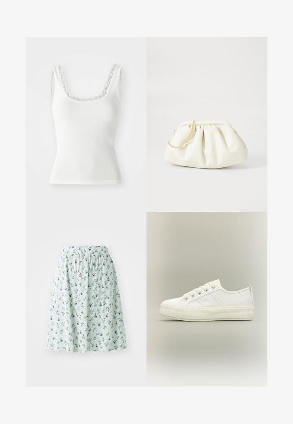 Witte geribbelde tanktop met een scoophalslijn versierd met delicate kantafwerking. Mouwloos ontwerp met een aansluitende silhouet.; Bloemenrok met een elastische tailleband, gemaakt van lichte stof. Heeft een muntgroene basis met kleine blauwe en witte bloemenpatronen verspreid over de rok.; Witte lage sneaker met dikke geribde zool, veters aan de voorkant en trek-lus aan de hiel tegen een neutrale achtergrond.; Witte leren handtas met een geassembleerd ontwerp, voorzien van een gouden kettingband en een ronde vorm. Gladde textuur met zachte plooien en geen patronen.