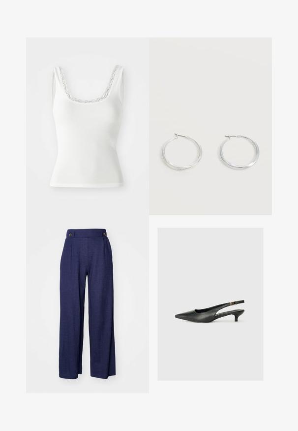 Débardeur blanc à côtes avec un décolleté en scoop orné d'une délicate bordure en dentelle. Conception sans manches avec une silhouette ajustée.; Pantalons larges bleu marine en tissu doux, dotés de plis et de deux boutons à l'avant de la taille pour un détail supplémentaire.; Chaussure slingback noire à bout pointu en cuir lisse. Présente un talon fin et un détail de boucle sur la sangle réglable.; Boucles d’oreilles créoles en métal argenté avec une surface lisse légèrement incurvée et des fermoirs à clapet sur un fond blanc uni.