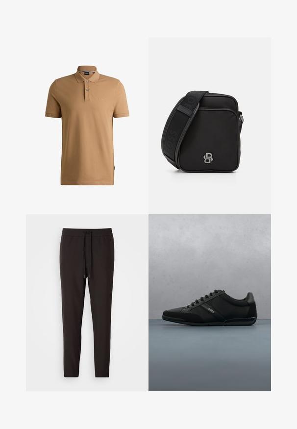 Korte mouwen polo shirt in tan katoen, met een knoopsluiting bij de kraag, twee knopen en geborduurd "BOSS" logo op de linkerborst.; Zwarte joggingbroek van zacht materiaal, met een elastische tailleband met een trekkoord, taps toelopende benen en zonder zichtbaar patroon of versieringen.; Zwarte sportschoen met een mix van gladde en gestructureerde materialen, met een ronde neus, vetersluiting en subtiele branding aan de zijkant.; Zwarte schoudertas van textuurstof met ritssluiting. Beschikt over een logo-accent en een gestreepte verstelbare schouderband. Compact vierkant ontwerp.