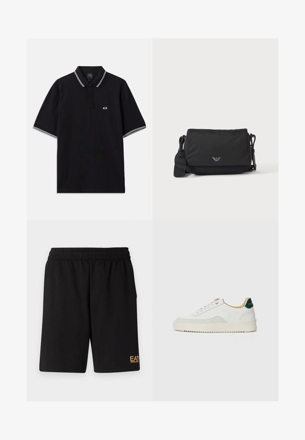 Sort polo-shirt lavet af bomuld, med en to-knaps krave, hvide stribede detaljer på ærmerne og et logo på brystet.; Sorte atletiske shorts lavet af blødt stof, med en elastisk talje og et lille gult EA7-logo nederst på venstre ben.; Hvide sneakers med ruskindsdetaljer, rund tå, flade snørebånd og en cremet gummisål. Har grøn branding på hælen.; Sort crossbody taske med justerbar rem og lille sølv logoemblem på frontklap, vist på ensartet lyst baggrund.