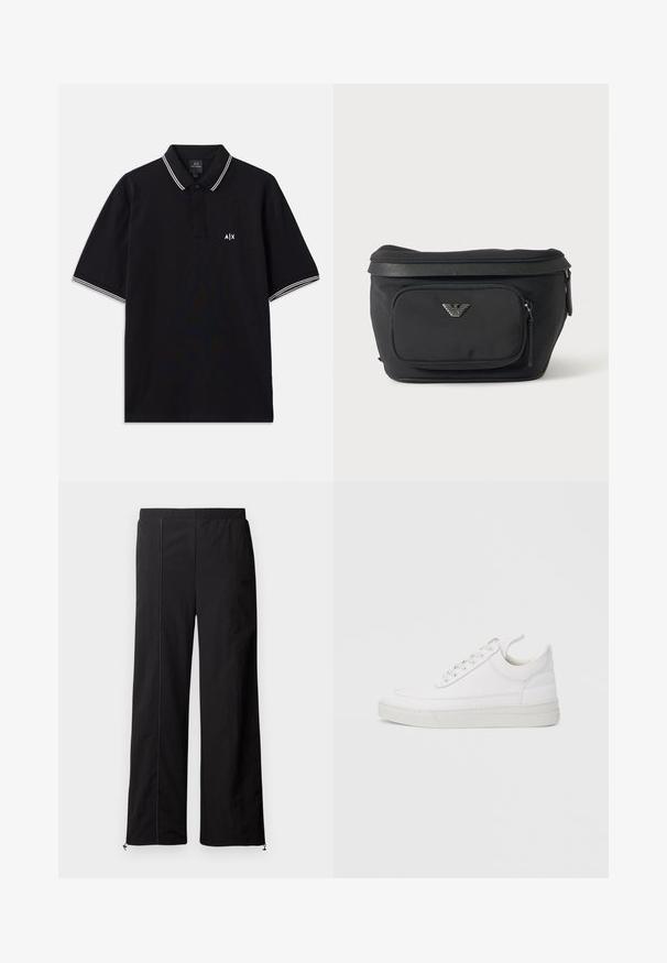 Schwarzes Polohemd aus Baumwolle mit einem Kragen mit zwei Knöpfen, weißen gestreiften Akzenten an den Ärmeln und einem Logo auf der Brust.; Schwarze weit geschnittene Hosen mit glatter Textur, elastischem Bund und Kordelzugverschluss an den Knöcheln. Verfügt über kontrastierende Steppnähte.; Weißer Ledersneaker mit abgerundetem Zehenbereich, flacher Sohle und Schnürverschluss. Verfügt über Nahtdetails und einen gepolsterten Kragen für zusätzlichen Komfort.; Schwarze Bauchtasche mit Frontreißverschlusstasche und silbernem Adlerlogo, glattes Gewebe mit strukturiertem Besatz und Reißverschlussanhängern.