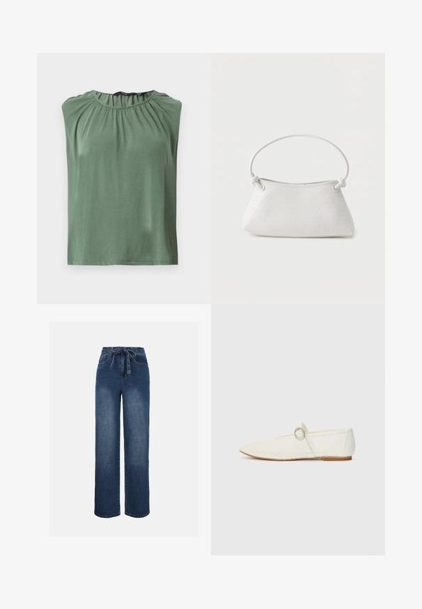 Haut vert sans manches avec encolure froncée et coupe ample, présenté à plat sur fond blanc.; Jean en denim bleu à taille haute et jambes larges, avec poches avant et ceinture assortie en tissu nouée à la taille.; Chaussure plate synthétique blanche avec texture en maille, bout pointu et une sangle sur le côté avec un accent rond. Talon bas et semelle flexible.; Sac à main en cuir tressé blanc avec poignée arrondie et extrémités de lanière nouées, présenté sur un fond uni.