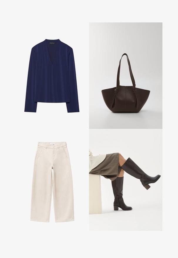 Mørkeblå langærmet bluse med dyb V-udskæring og blødt, glat stof. Designet har en afslappet pasform med minimale sømme og ingen mønstre.; Beige bukser med brede ben, forlommer, bæltestropper og knaplukning, vist fladt på en hvid baggrund.; Person iført brune knæhøje læderstøvler med blokhæle, kombineret med et gråt ternet knælængde skørt, siddende med benene krydset.; Brun læder tote taske med en tekstureret overflade, bred åbning og dobbelt, runde skulderremme; minimalistisk design uden synligt hardware.