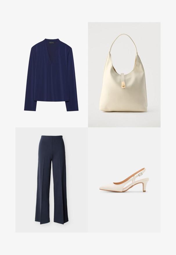 Mørkeblå langærmet bluse med dyb V-udskæring og blødt, glat stof. Designet har en afslappet pasform med minimale sømme og ingen mønstre.; Marineblå bukser med vide ben og sideslidser, høj talje og glat front, vist mod en hvid baggrund.; Hvide slingback hæle med spids tå, glat overmateriale, lav blokhæl og sideudskæringsdesign med justerbar spænderem.; Hobo-taske i cremefarvet læder med en enkelt skulderrem, glat tekstur og et guldfarvet spænde foran.