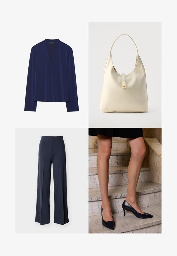 Marineblaues Langarmoberteil mit tiefem V-Ausschnitt und weichem, glattem Stoff. Das Design hat eine lässige Passform mit minimalen Nähten und ohne Muster.; Marineblaue weit geschnittene Hose mit seitlichen Schlitzen, hoher Taille und glatter Vorderseite, vor weißem Hintergrund präsentiert.; Marineblaue High-Heels mit spitzer Zehenform, die eine glatte und strukturierte Oberfläche aufweisen, die Wildleder ähnelt.; Hobo-Tasche aus cremefarbenem Leder mit einem einzelnen Schulterriemen, glatter Textur und einem goldfarbenen Verschlussdetail an der Vorderseite.